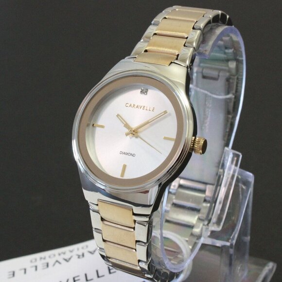 Caravelle Ladies Modern Design Watch By Bulova Diamond At 12 Silver - Gold Tone - Picture 4 of 12
